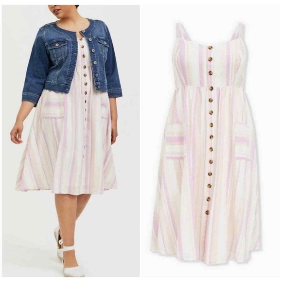 torrid Dresses & Skirts - Torrid linen cotton Pastel Striped Midi Dress with pockets
